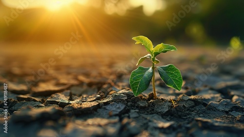 Young plant growing on dry soil with green background under the sunlight. Earth day concept