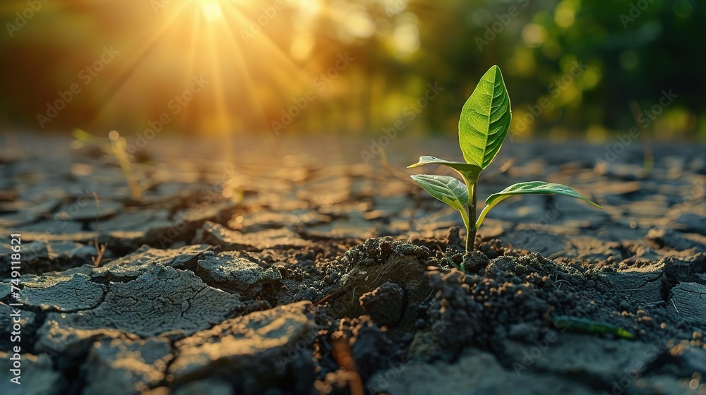 Young plant growing on dry soil with green background under the sunlight. Earth day concept - obrazy, fototapety, plakaty 