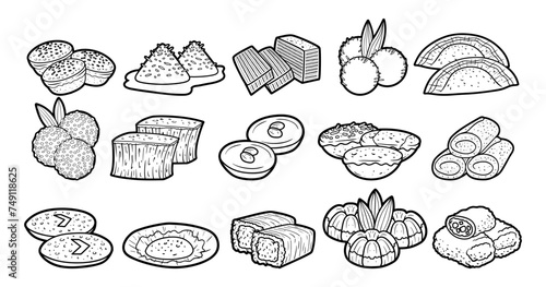 Various indonesian traditional snacks element outline sketch vector illustration set