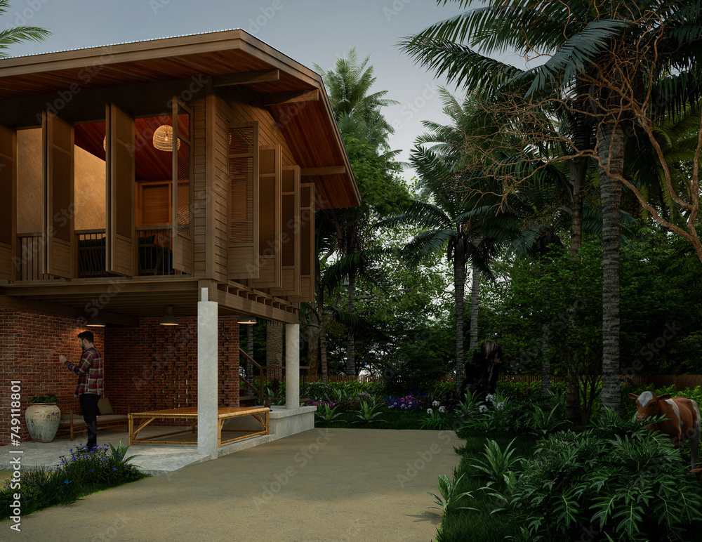 Fototapeta premium 3d rendering of tropical house design. home garden Exterior design of spacious modern architecture 