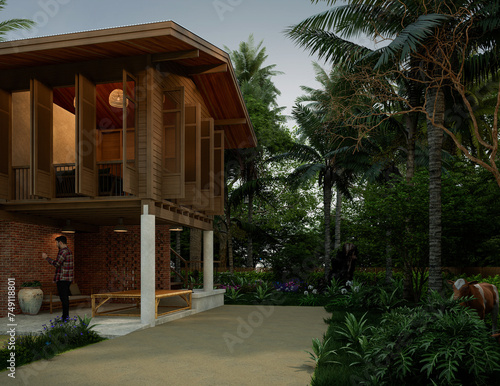 3d rendering of tropical house design. home garden Exterior design of spacious modern architecture 