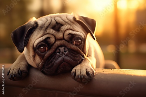 Cute pug dog with sad expression on his face lying on a wooden bench