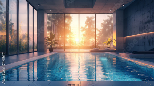 Modern architecture design luxury indoor swimming pool with large windows in soft sunset light