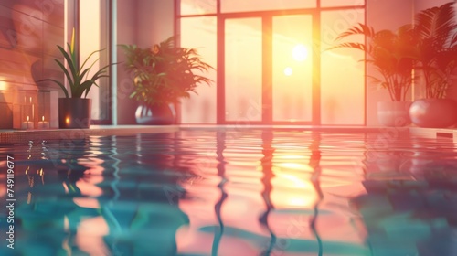 Modern architecture design luxury indoor swimming pool with large windows in soft sunset light