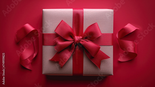 White Gift Box with Red Ribbon and Bow on a Red Background. Generative AI