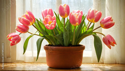 Pink Tulips, Vase, Table, Flowers, Floral, Bouquet, Decoration, Decor, Bloom, Petals, Spring, AI Generated © Say it with silence.