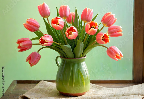 Pink Tulips, Vase, Table, Flowers, Floral, Bouquet, Decoration, Decor, Bloom, Petals, Spring, AI Generated