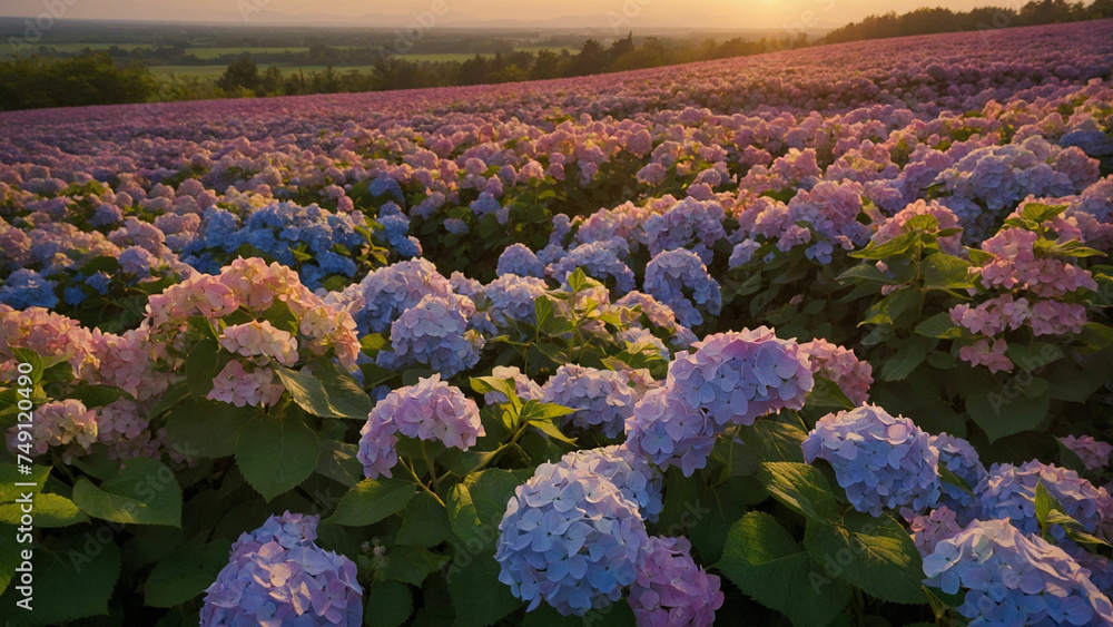 A vast field stretching to the horizon covered in a sea of hydrangea flowers in full bloom and the flowers form a mesmerizing tapestry of colors, ranging from soft pinks to deep purples - obrazy, fototapety, plakaty 