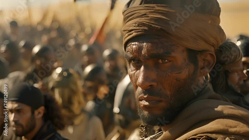 A weathered Moorish warrior with scars covering his face and a determined look in his eyes leads a charge of his fellow hor towards victory. photo