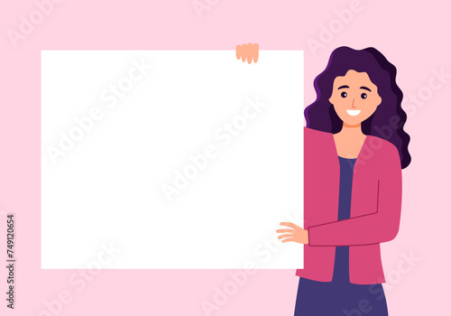 Smiling girl showing empty advertising copy space banner in flat design.