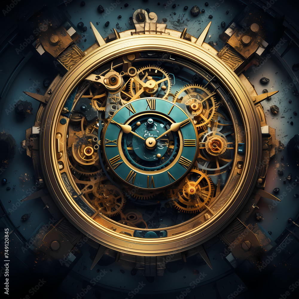 Abstract concept of time with clockwork elements.