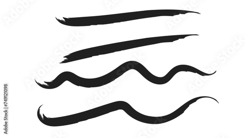 Brush strokes, black ink lines, vector abstract set with paint brush grunge texture on transparent background. Paintbrush strokes and ink smear stains. doodle underlines. vector illustration