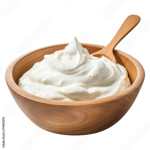 Wooden bowl of sour cream isolated on transparent background Remove png, Clipping Path, pen tool photo