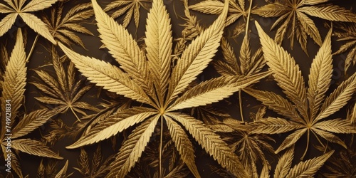 Luxury golden background with cannabis leaves. Minimal trendy design wallpaper marijuana. Black and gold leaves cannabis