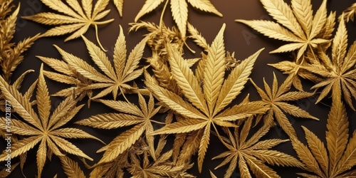 Luxury golden background with cannabis leaves. Minimal trendy design wallpaper marijuana. Black and gold leaves cannabis