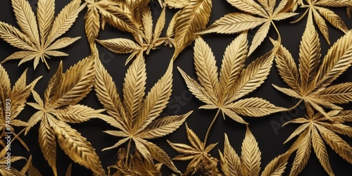 Luxury golden background with cannabis leaves. Minimal trendy design wallpaper marijuana. Black and gold leaves cannabis