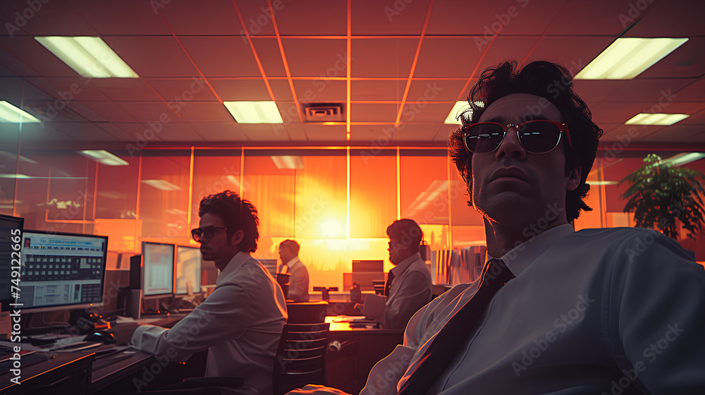 Low angle view of eccentric and quirky office workers - video conference - teams - retro feel - vintage theme Low angle view of eccentric and quirky office workers - video conference - teams - retro feel - vintage theme