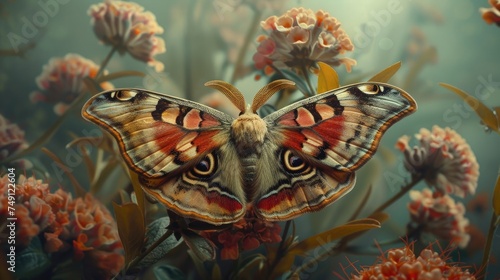 In an extreme close-up shot, the delicate details and captivating eye-like patterns of a moth's wings are highlighted as it rests serenely on a backdrop of colorful flowers.