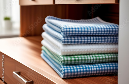 Stack of checkered kitchen towels on wooden shelf