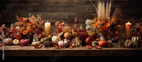 A table is overflowing with an array of pumpkins and various flowers, creating a beautiful and vibrant fall centerpiece. The wooden backdrop adds a rustic touch to the seasonal display. photo