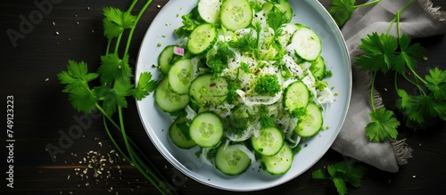 A plate featuring a spring vegan salad with cucumbers, parsley, green onions, and cabbage is placed on a wooden table.