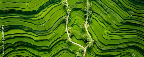 Aerial top view morning scene of Pa Bong Piang beautiful terraced rice fields, Mae Chaem, Chiang Mai Thailand. Mountain hills valley in asian, Vietnam. Nature landscape background. Roof plan
 photo
