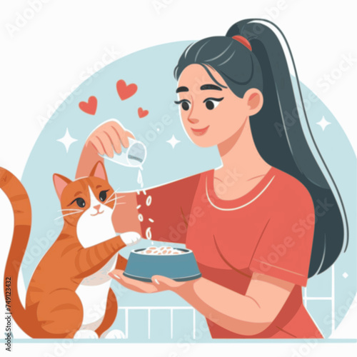 a woman feeds a cat with affection