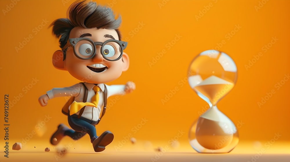 Animated Character Running in Front of Orange Background with Hourglass, Deadline Time concept Animated Character Running in Front of Orange Background with Hourglass, Deadline Time concept