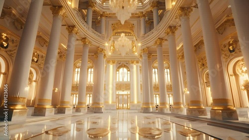 Background The grand hall of a palace with its towering columns and gold details adds to the grandeur of this modern and bold royal look. photo