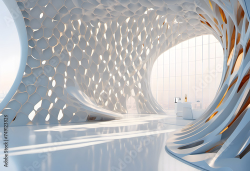 Modern architectural interior with organic honeycomb design, futuristic white structure with natural light.