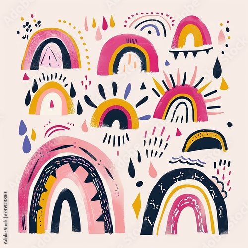 Pink geometric hand drawn rainbows collage element