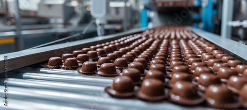 Chocolate candy production line with conveyor belt in confectionery factory
