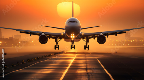 Golden Hour Landing: A Spectacular View of an Aeroplane Touching Down at Sunset