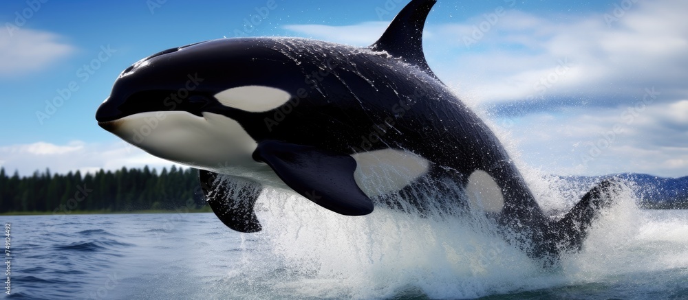Obraz premium A killer whale, also known as an orca, leaps out of the water at astonishing speed, showcasing its powerful muscles and agility. The majestic marine mammal reaches great heights in this impressive