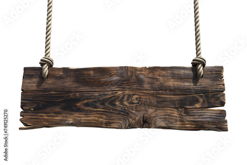 Empty hanging wooden sign board with ropes isolated on transparent PNG or white background. realistic signpost and billboards concept.	 photo