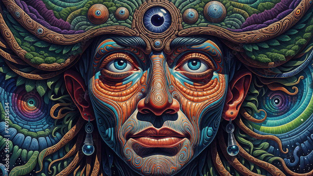 Vibrant Surrealism: Close-Up Portrait of a Psytrance Artwork with Visionary Art Style, Featuring a Person's Face in a Psychedelic and Dynamic Canvas
