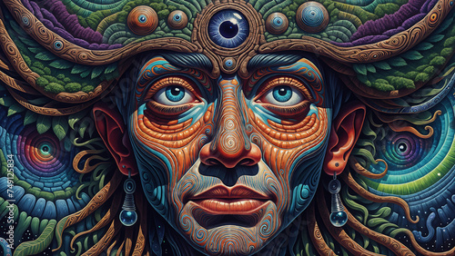 Vibrant Surrealism: Close-Up Portrait of a Psytrance Artwork with Visionary Art Style, Featuring a Person's Face in a Psychedelic and Dynamic Canvas