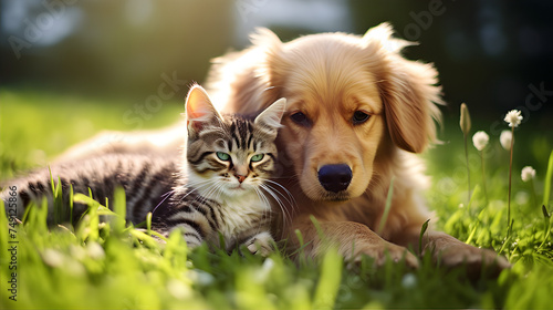 Cute cat and dog are friends background © AMORNRAT