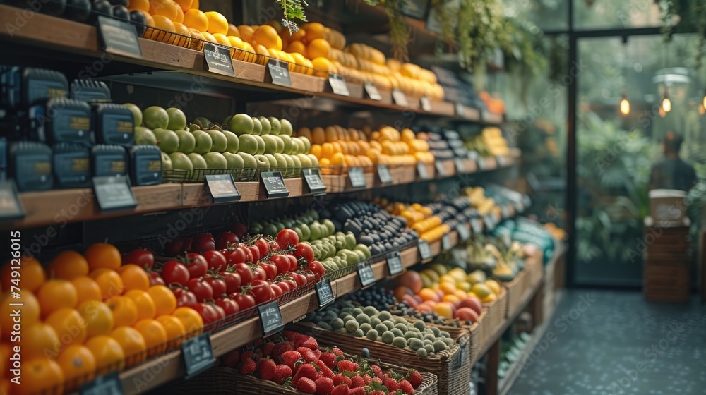Supermarket Grocery Shelves scene of Fresh Fruits, Vegetables, and Supplements, Well Organized Shop Setting, Inspiring Dietary Wellness