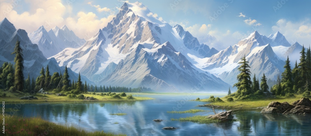 A painting depicting a majestic mountain range towering in the background, with a serene lake spread out in the foreground. The snow-capped peaks reflect in the calm waters, creating a stunning