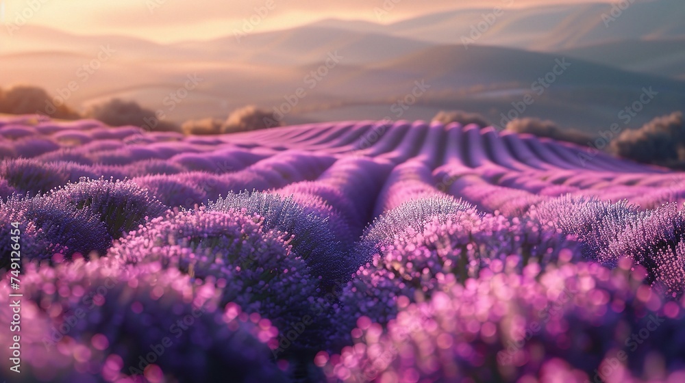 Beautiful detail of scented lavender flowers field perfect Radiant Orchid color in Provence France - obrazy, fototapety, plakaty 