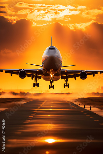 Golden Hour Landing: A Spectacular View of an Aeroplane Touching Down at Sunset
