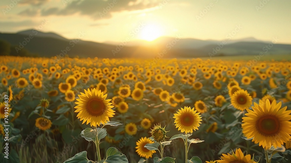 Obraz premium Beautiful field of blooming sunflowers against sunset golden light 
