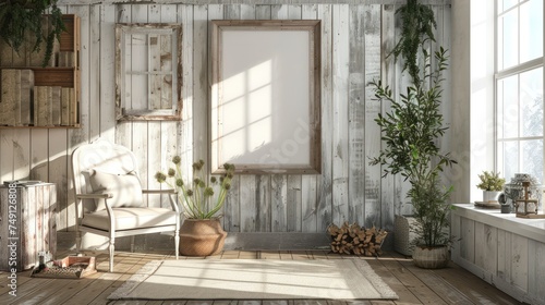 Mockup frame in rustic wooden wall