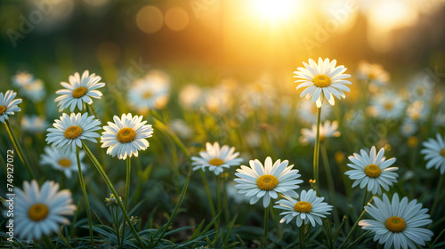 The blooming flowers are beautiful the field of colors. Daisy field on a clear day Daisies come in white and yellow. and surrounded by green grass surrounded by green nature and shining sun. © Igor