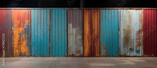 A close-up view of a corrugated metal wall with a variety of vibrant colors splashed across it, creating a striking industrial aesthetic. The wall features closed doors adding to the rugged and urban