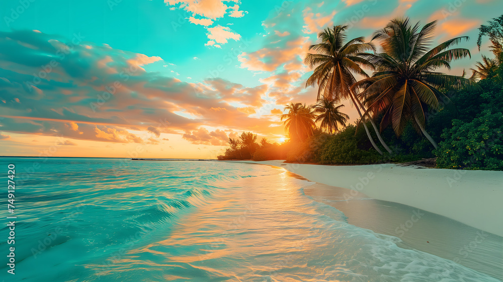 tropical beach view at sunset or sunrise with white sand, turquoise water and palm trees. Neural network generated image. Not based on any actual scene or pattern.