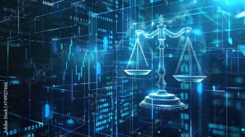 Futuristic scale of justice in blue glowing neon line background photo