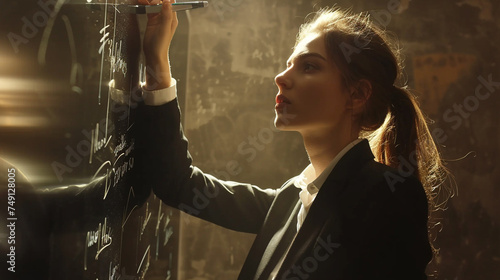 business woman in formal suit writing with marker