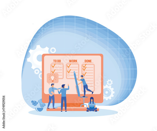 Big computer and programmer team moving cards on electronic kanban task board. Online kanban board app, agile visual project management method. flat vector modern illustration 